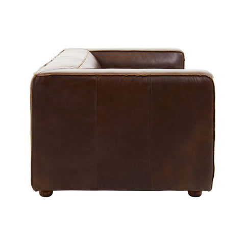 Antique brown leather two-seater sofa with a sleek, modern design, featuring a low back and square armrests. The sofa has a smooth finish and is supported by short wooden legs, showcasing a rich, dark color that adds elegance to any living space