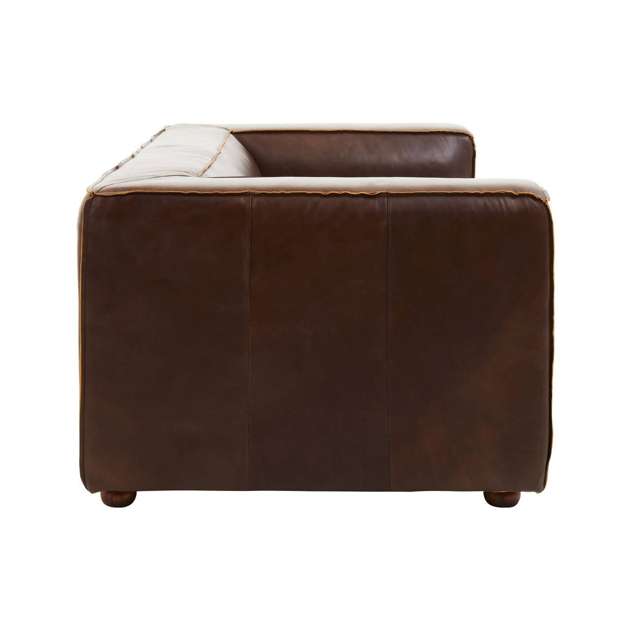 Antique brown leather two-seater sofa with a sleek, modern design, featuring a low back and square armrests. The sofa has a smooth finish and is supported by short wooden legs, showcasing a rich, dark color that adds elegance to any living space