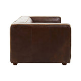 Antique brown leather two-seater sofa with a sleek, modern design, featuring a low back and square armrests. The sofa has a smooth finish and is supported by short wooden legs, showcasing a rich, dark color that adds elegance to any living space