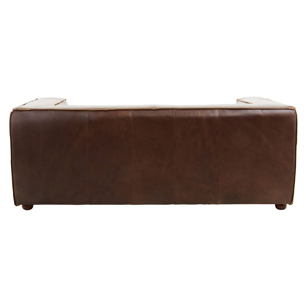 Antique brown leather two-seater sofa with a smooth, sleek surface and rounded edges, featuring wooden legs for support. The back of the sofa is slightly curved, showcasing a rich, dark brown color and a classic design