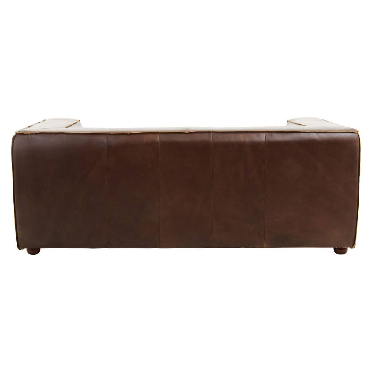 Antique brown leather two-seater sofa with a smooth, sleek surface and rounded edges, featuring wooden legs for support. The back of the sofa is slightly curved, showcasing a rich, dark brown color and a classic design