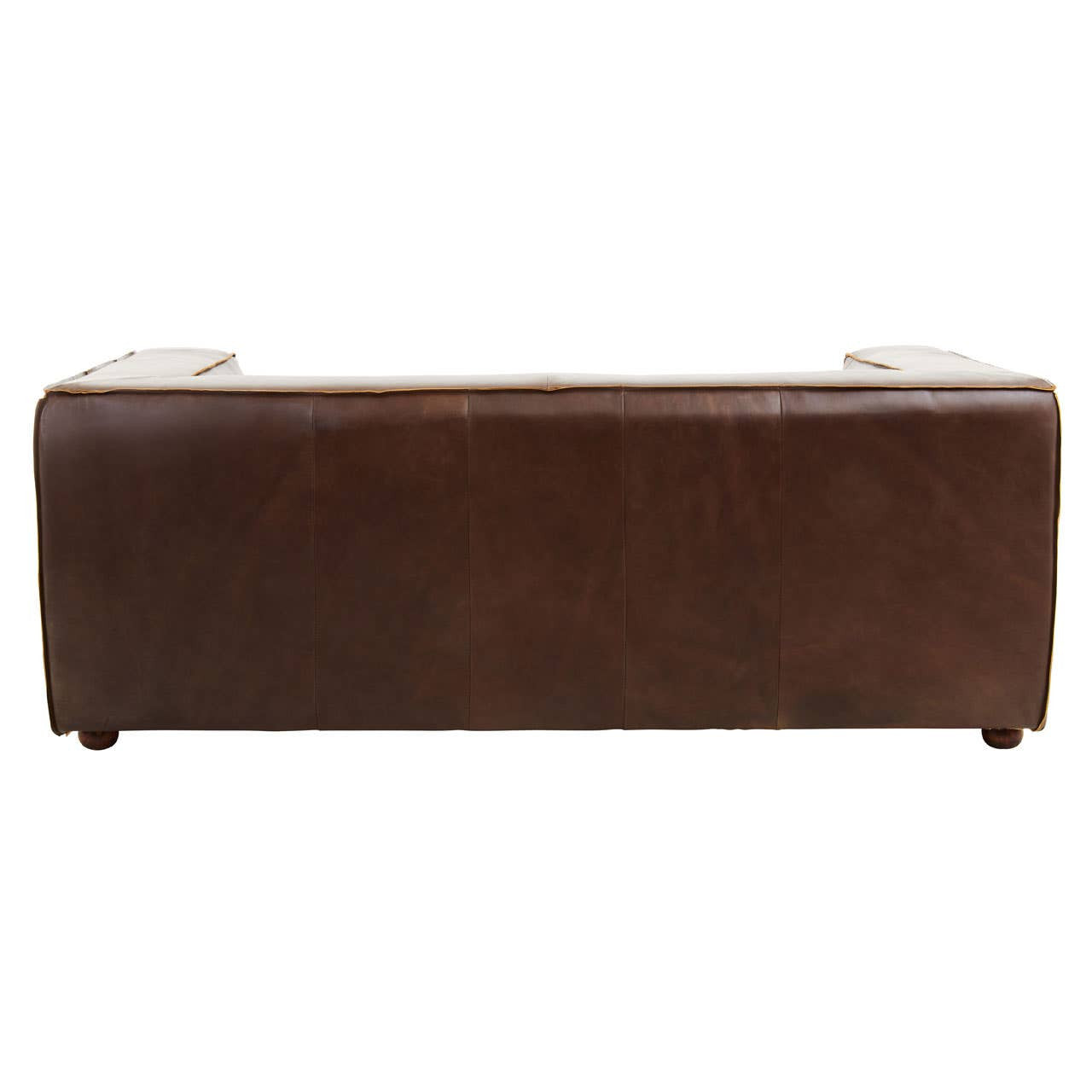 Antique brown leather two-seater sofa with a smooth, sleek surface and rounded edges, featuring wooden legs for support. The back of the sofa is slightly curved, showcasing a rich, dark brown color and a classic design
