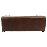 Antique brown leather two-seater sofa with a smooth, sleek surface and rounded edges, featuring wooden legs for support. The back of the sofa is slightly curved, showcasing a rich, dark brown color and a classic design