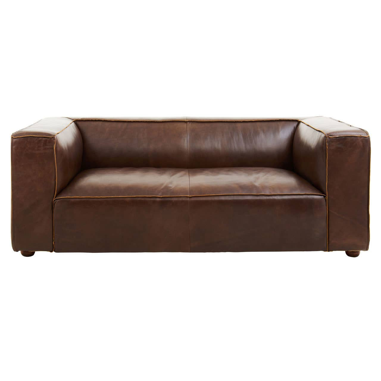 Antique brown leather two-seater sofa with a minimalist design, featuring wide armrests and a low back, resting on short wooden legs. The leather has a rich texture and subtle sheen, showcasing its vintage appeal
