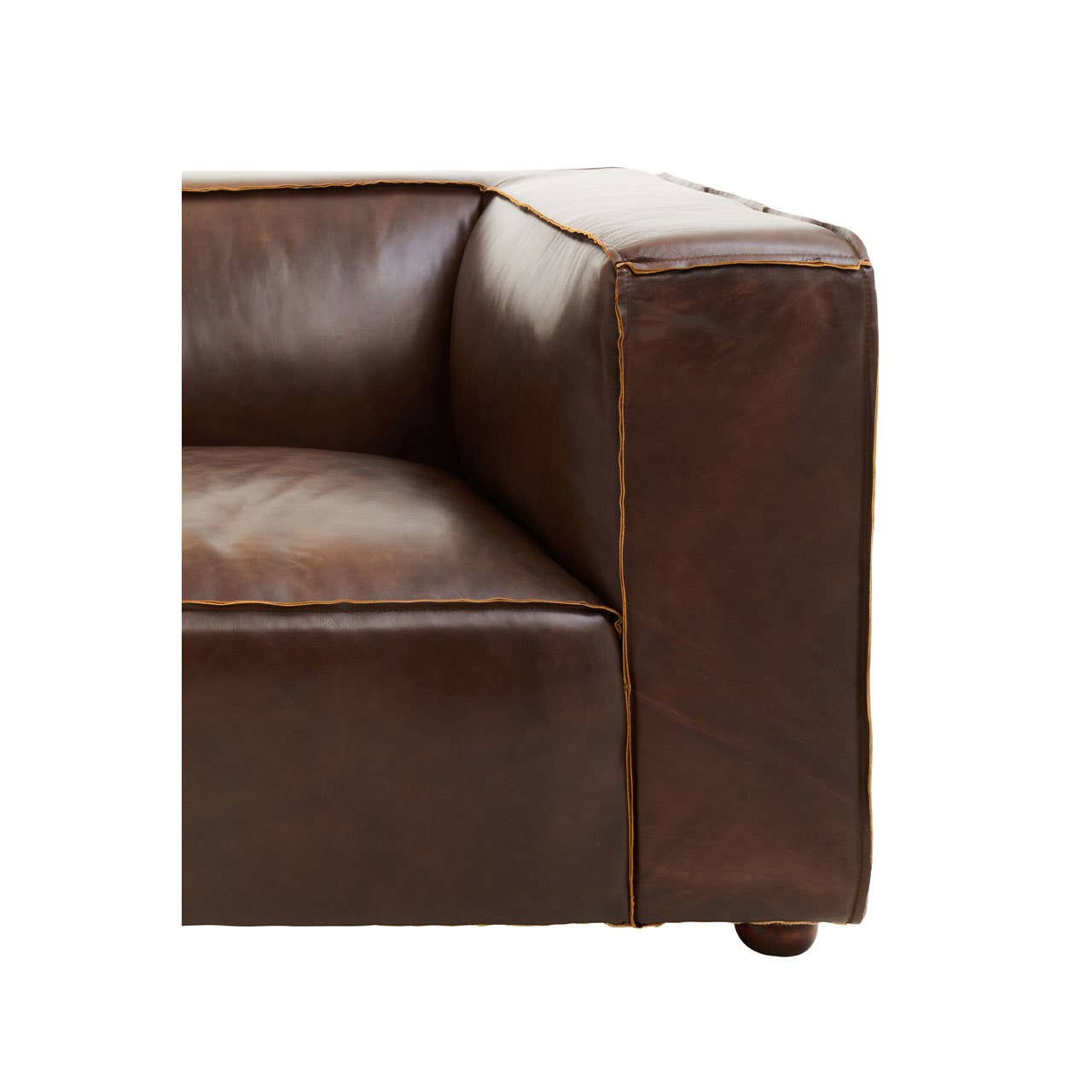 Antique brown leather two-seater sofa featuring a sleek, modern design with a low back and wide armrests, showcasing a rich texture and subtle sheen. The sofa is supported by rounded wooden legs, enhancing its elegant appearance