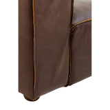 Antique brown leather sofa with a smooth texture, featuring a rounded armrest and a sturdy wooden leg. The leather has subtle variations in color, highlighting its vintage appeal
