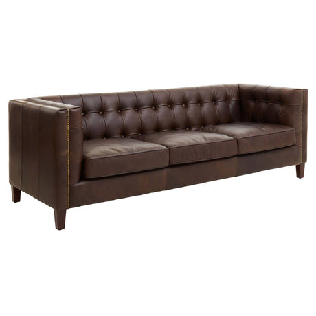 A dark brown leather three-seater sofa featuring a modern Chesterfield design with tufted upholstery, square arms, and wooden legs. The sofa has a sleek and elegant appearance, suitable for contemporary living spaces