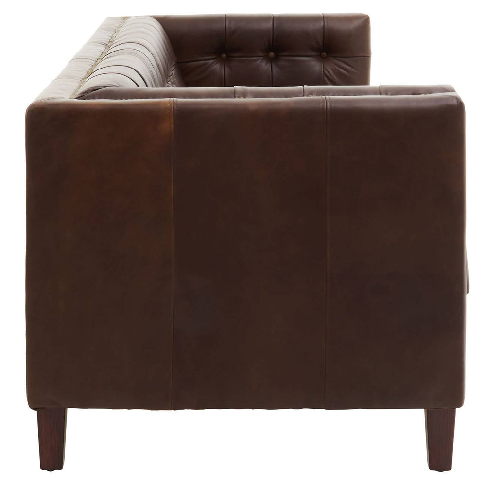 Dark brown leather Chesterfield sofa with a modern design, featuring a tufted backrest and sleek wooden legs. The sofa has a three-seater capacity and a clean, minimalist profile, showcasing its elegant lines and rich texture