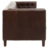 Dark brown leather Chesterfield sofa with a modern design, featuring a tufted backrest and sleek wooden legs. The sofa has a three-seater capacity and a clean, minimalist profile, showcasing its elegant lines and rich texture