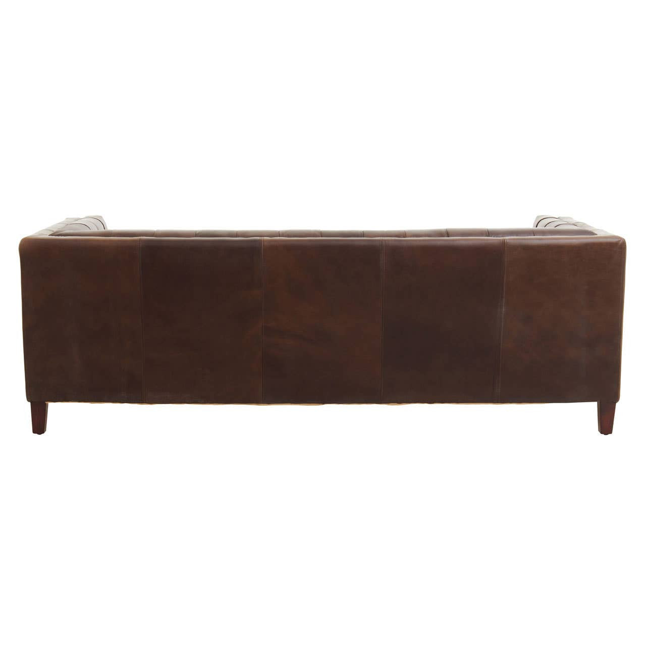 Dark brown leather three-seater Chesterfield sofa with a modern design, featuring tufted upholstery and wooden legs. The back view showcases the smooth leather finish and clean lines, emphasizing its elegant silhouette