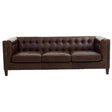 Dark brown leather three-seater Chesterfield sofa featuring a tufted backrest and armrests, with wooden legs and a modern design