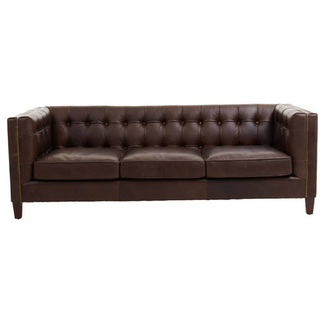 Dark brown leather three-seater Chesterfield sofa featuring a tufted backrest and armrests, with wooden legs and a modern design