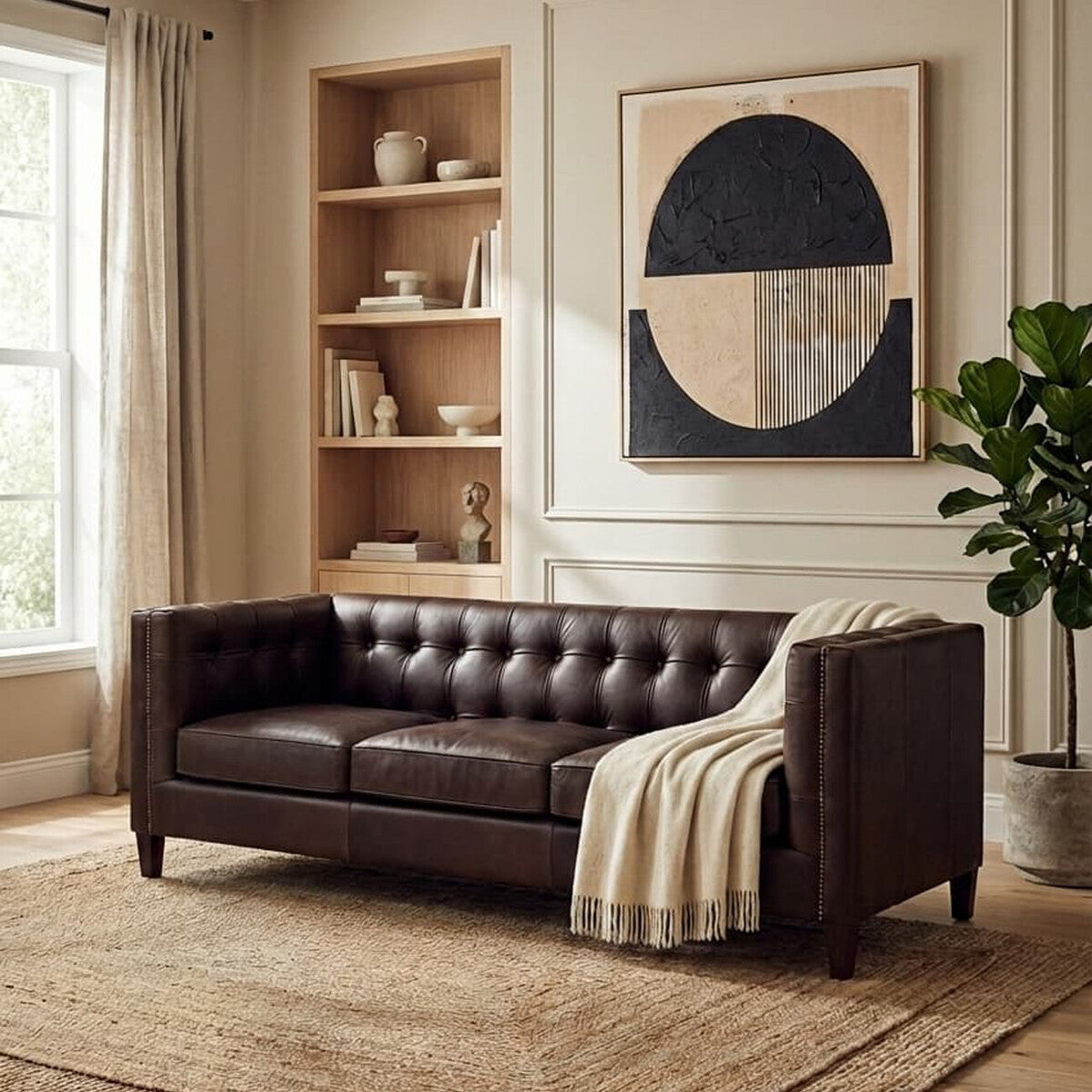 A dark brown leather Chesterfield sofa with a modern design, featuring tufted upholstery and rolled arms. The sofa is positioned in a cozy living room setting, accompanied by a light-colored throw blanket draped over one arm. Behind the sofa, there is a wooden bookshelf displaying decorative items, and a large abstract wall art piece is mounted above it. A green plant is visible in the corner, and the