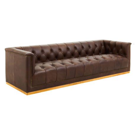 Modern Chesterfield three-seater sofa in dark brown leather featuring a tufted backrest and sleek, straight lines. The sofa has a low profile and a sturdy base, showcasing a contemporary design that combines elegance with comfort