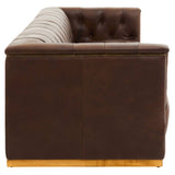 Dark brown leather three-seater Chesterfield sofa featuring a tufted backrest and sleek armrests, with a wooden base providing stability. The design showcases a modern take on a classic style, emphasizing comfort and elegance