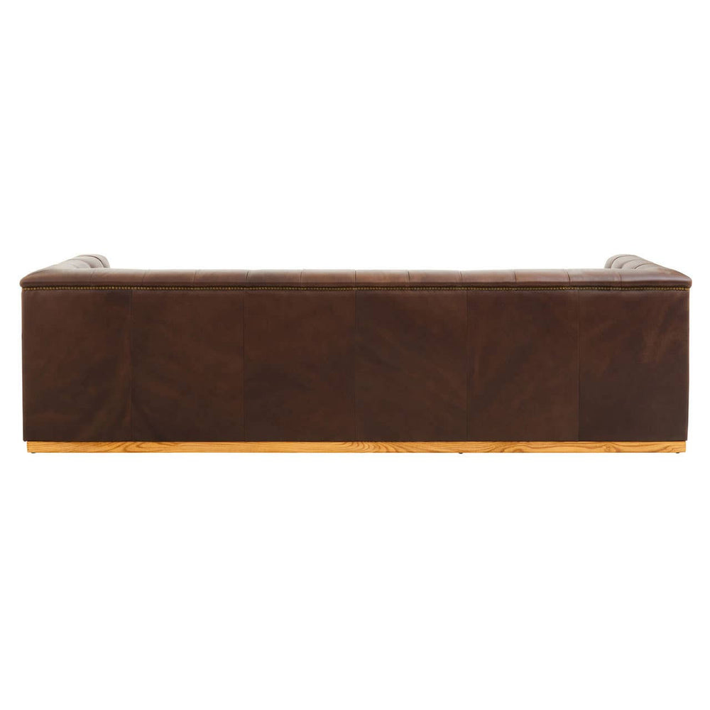 Dark brown leather three-seater sofa featuring a modern Chesterfield design with tufted upholstery and elegant rolled arms. The sofa has a sturdy wooden base and is designed for comfort and style, suitable for a contemporary living space