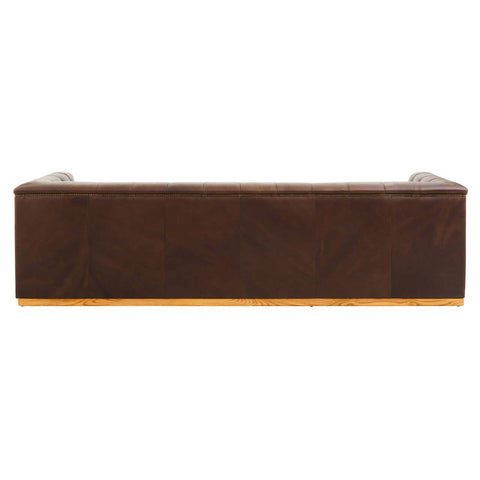 Dark brown leather three-seater sofa featuring a modern Chesterfield design with tufted upholstery and elegant rolled arms. The sofa has a sturdy wooden base and is designed for comfort and style, suitable for a contemporary living space