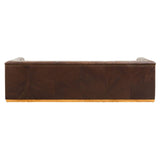 Dark brown leather three-seater sofa featuring a modern Chesterfield design with tufted upholstery and elegant rolled arms. The sofa has a sturdy wooden base and is designed for comfort and style, suitable for a contemporary living space