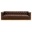 A modern three-seater Chesterfield sofa in dark brown leather, featuring a tufted backrest and sleek armrests. The sofa has a low profile and a sturdy wooden base, showcasing a classic yet contemporary design suitable for various living spaces