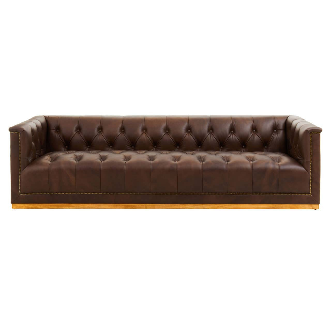 A modern three-seater Chesterfield sofa in dark brown leather, featuring a tufted backrest and sleek armrests. The sofa has a low profile and a sturdy wooden base, showcasing a classic yet contemporary design suitable for various living spaces