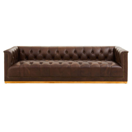 A modern three-seater Chesterfield sofa in dark brown leather, featuring a tufted backrest and sleek armrests. The sofa has a low profile and a sturdy wooden base, showcasing a classic yet contemporary design suitable for various living spaces
