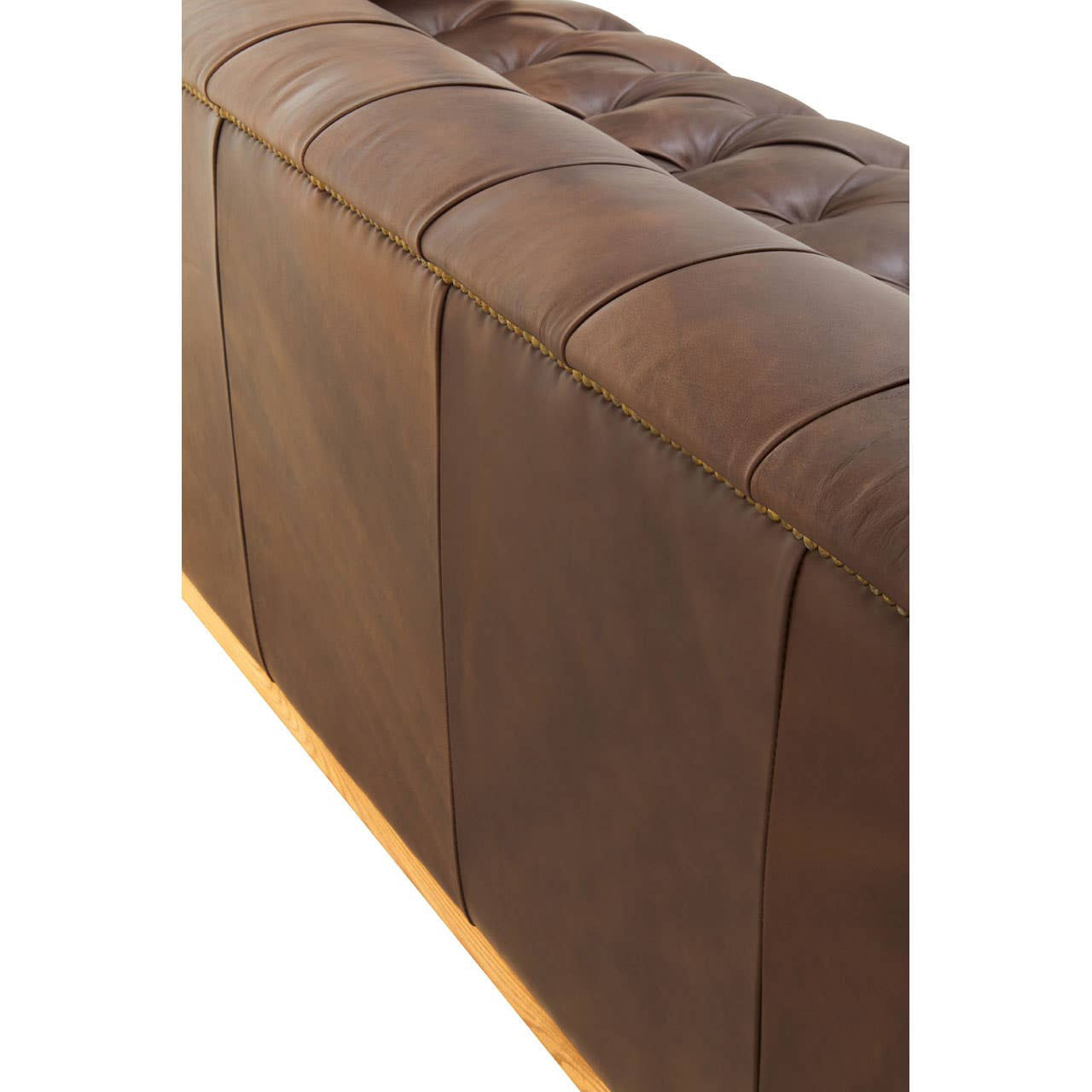 Dark brown leather sofa with a modern Chesterfield design, featuring a tufted backrest and smooth sides, showcasing a sleek and elegant appearance. The sofa has a low profile and is supported by a wooden base