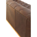 Dark brown leather sofa with a modern Chesterfield design, featuring a tufted backrest and smooth sides, showcasing a sleek and elegant appearance. The sofa has a low profile and is supported by a wooden base