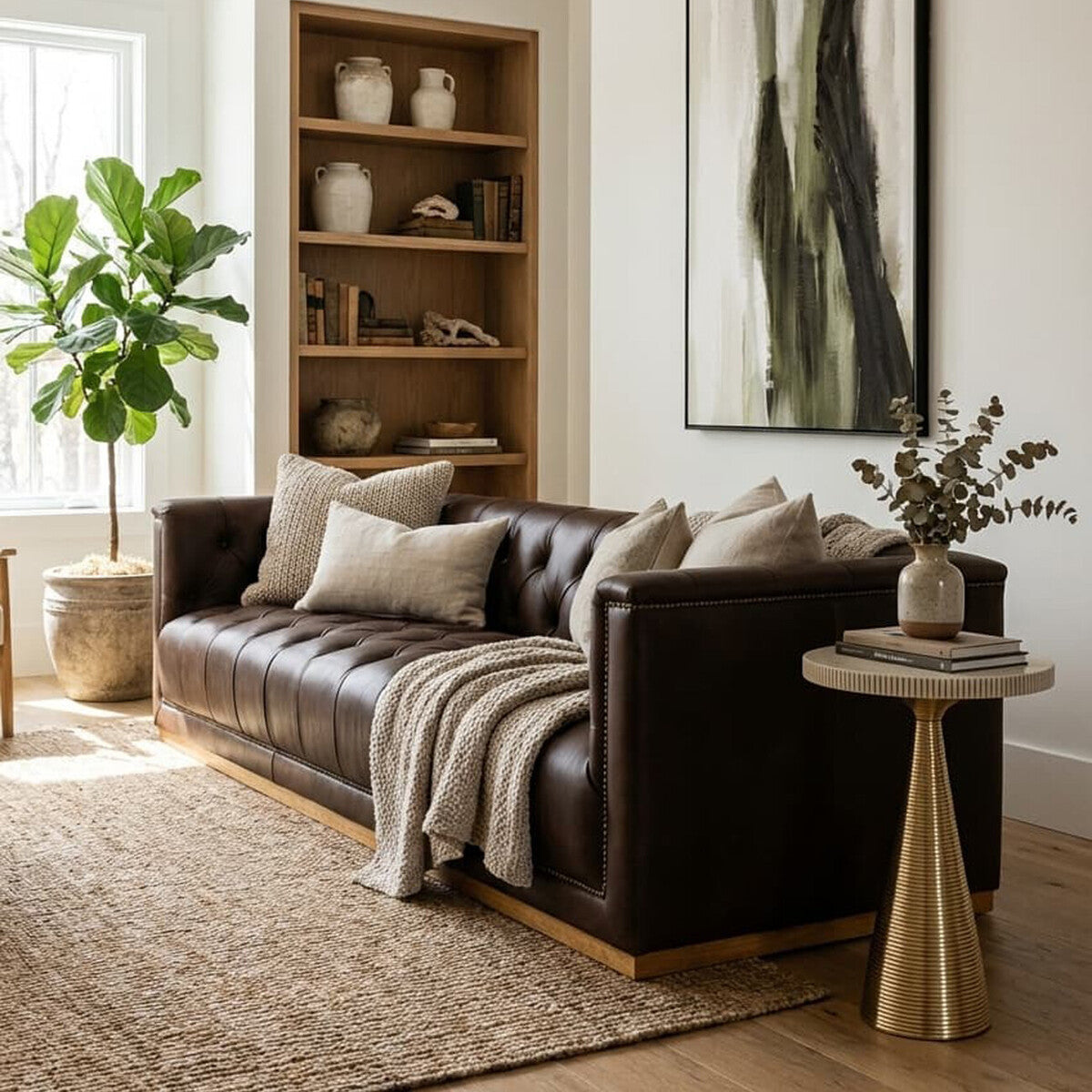 A dark brown leather Chesterfield sofa with a modern design, featuring three seats and plush cushions. The sofa is positioned in a bright living room with a large window, showcasing natural light. A cozy throw blanket is draped over one arm, and decorative pillows are arranged on the seat. In the background, there is a wooden bookshelf filled with decorative items and a potted plant beside the sofa. A