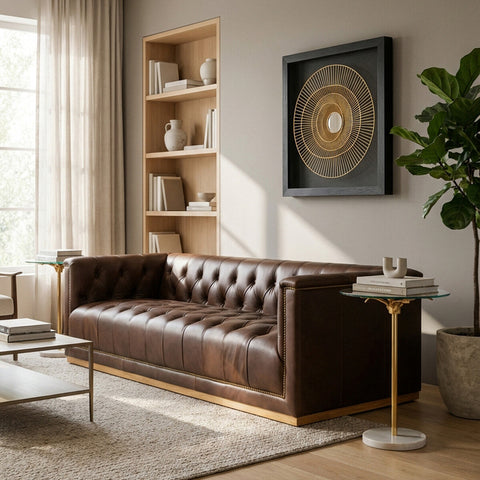 A modern three-seater Chesterfield sofa in dark brown leather, featuring tufted upholstery and a sleek design. The sofa is positioned in a well-lit living room with large windows, a light-colored rug underneath, a small side table with a lamp, and a decorative shelf in the background. A piece of abstract wall art hangs above the sofa, adding a contemporary touch to the space