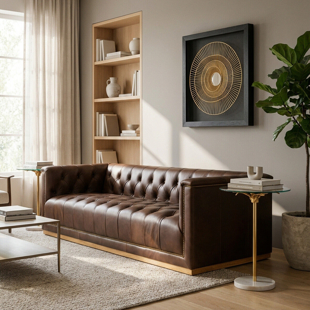 A modern three-seater Chesterfield sofa in dark brown leather, featuring tufted upholstery and a sleek design. The sofa is positioned in a well-lit living room with large windows, a light-colored rug underneath, a small side table with a lamp, and a decorative shelf in the background. A piece of abstract wall art hangs above the sofa, adding a contemporary touch to the space