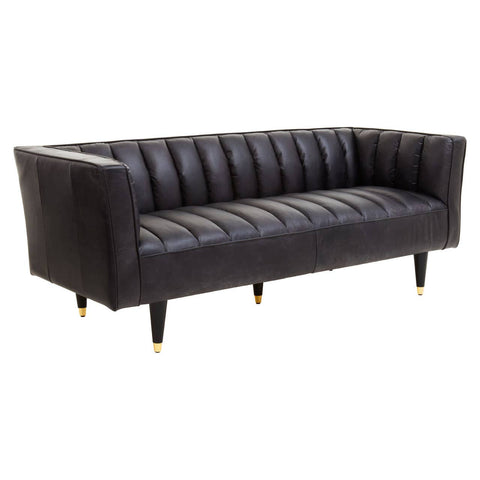 Three-seater sofa upholstered in black leather featuring flared arms and a tufted backrest. The sofa is supported by sleek, tapered wooden legs in a contrasting finish