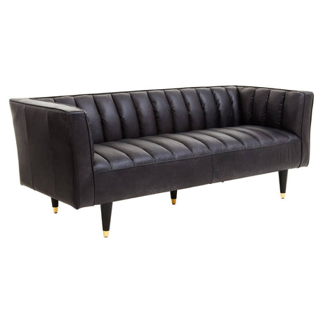 Three-seater sofa upholstered in black leather featuring flared arms and a tufted backrest. The sofa is supported by sleek, tapered wooden legs in a contrasting finish