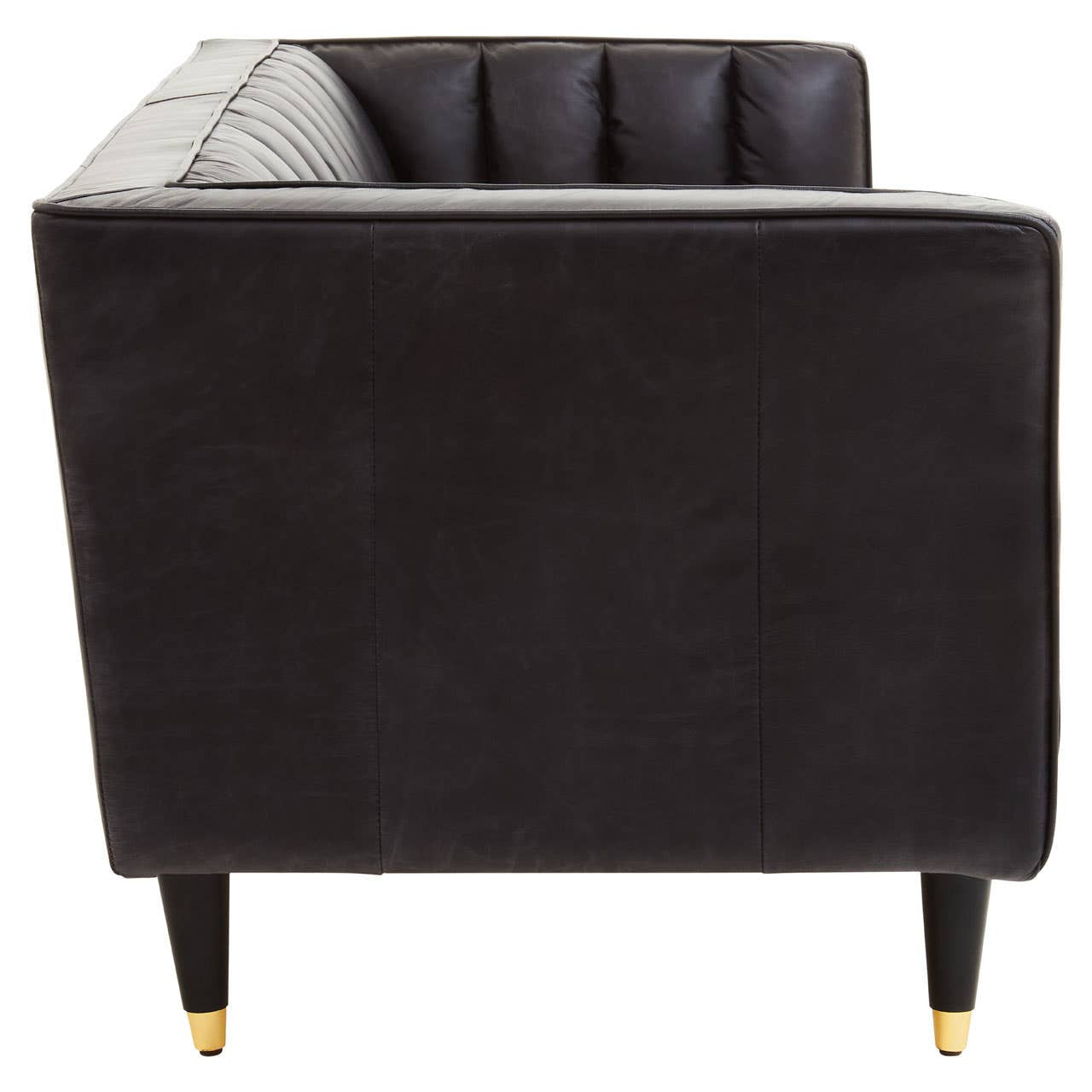 Black leather three-seater sofa featuring flared arms and a tufted backrest, supported by sleek wooden legs with gold tips. The side view showcases the smooth leather texture and modern design