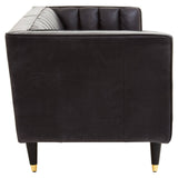 Black leather three-seater sofa featuring flared arms and a tufted backrest, supported by sleek wooden legs with gold tips. The side view showcases the smooth leather texture and modern design