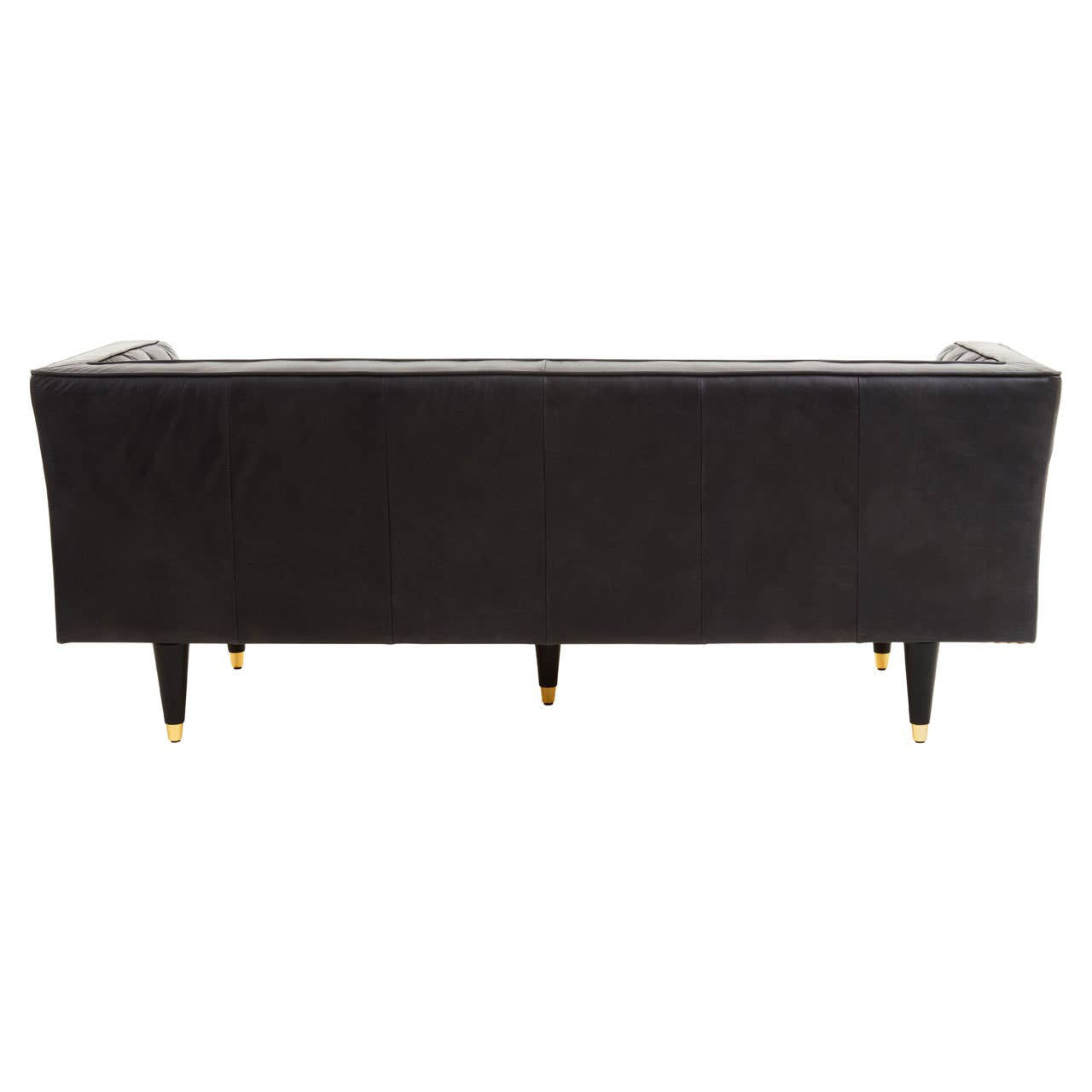 Black leather three-seater sofa featuring flared arms and sleek design, supported by tapered legs. The back of the sofa is smooth and slightly curved, providing a modern aesthetic suitable for various interior styles