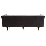 Black leather three-seater sofa featuring flared arms and sleek design, supported by tapered legs. The back of the sofa is smooth and slightly curved, providing a modern aesthetic suitable for various interior styles
