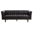 A sleek black leather three-seater sofa featuring flared arms and a tufted design, supported by elegant wooden legs. The sofa's modern aesthetic is complemented by its smooth finish and structured silhouette