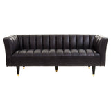 A sleek black leather three-seater sofa featuring flared arms and a tufted design, supported by elegant wooden legs. The sofa's modern aesthetic is complemented by its smooth finish and structured silhouette