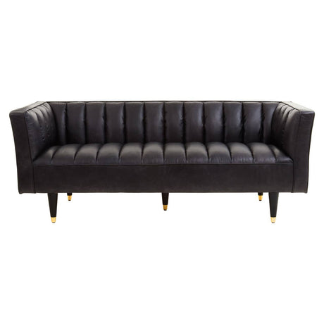 A sleek black leather three-seater sofa featuring flared arms and a tufted design, supported by elegant wooden legs. The sofa's modern aesthetic is complemented by its smooth finish and structured silhouette