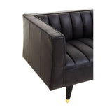 Black leather three-seater sofa featuring flared arms and a tufted design on the seat and backrest. The sofa has sleek, tapered legs with a gold accent at the base