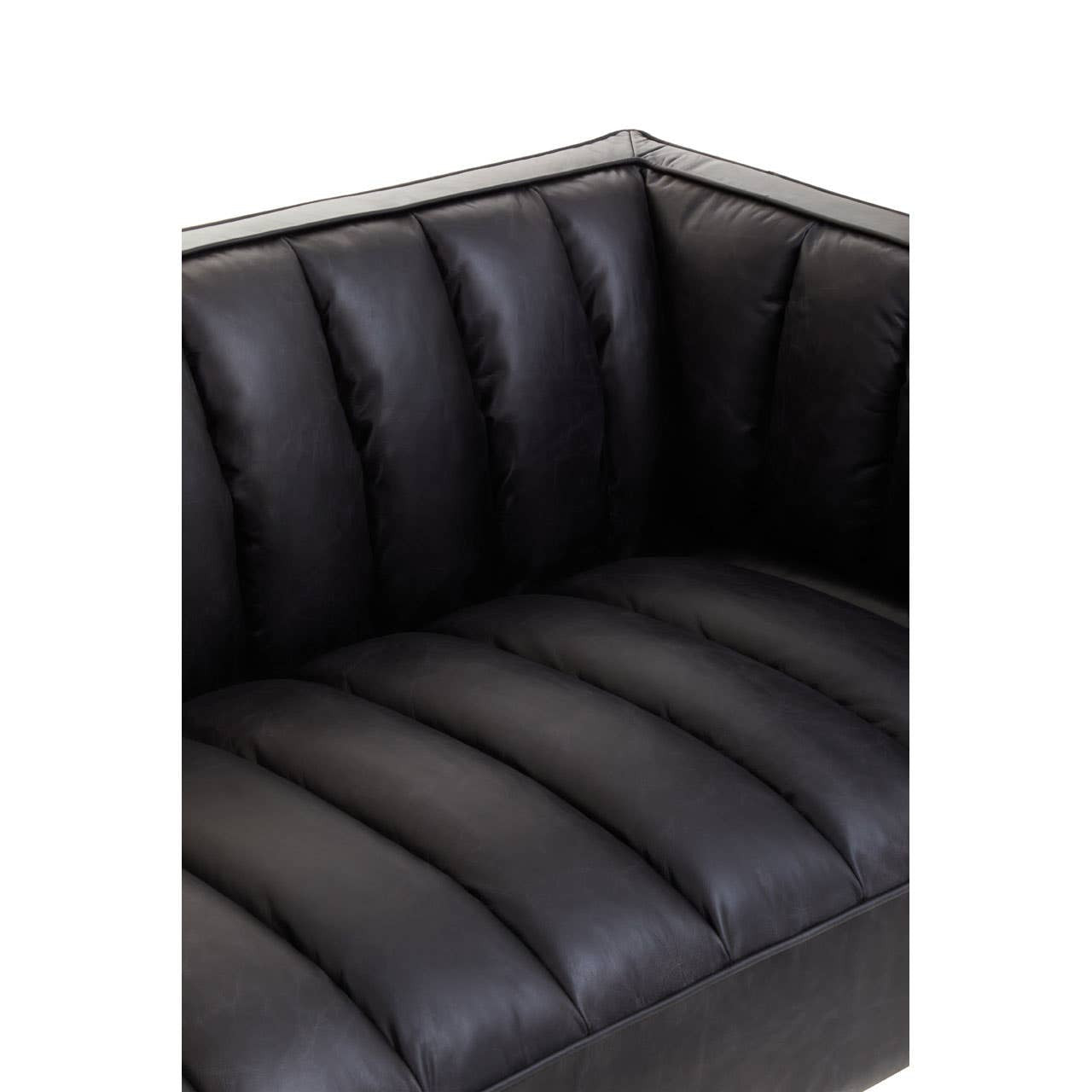 Black leather upholstery with vertical tufted detailing on the seat cushions, showcasing a modern design. The flared arms add a stylish touch, complementing the overall sleek appearance of the three-seater sofa