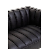 Black leather upholstery with vertical tufted detailing on the seat cushions, showcasing a modern design. The flared arms add a stylish touch, complementing the overall sleek appearance of the three-seater sofa