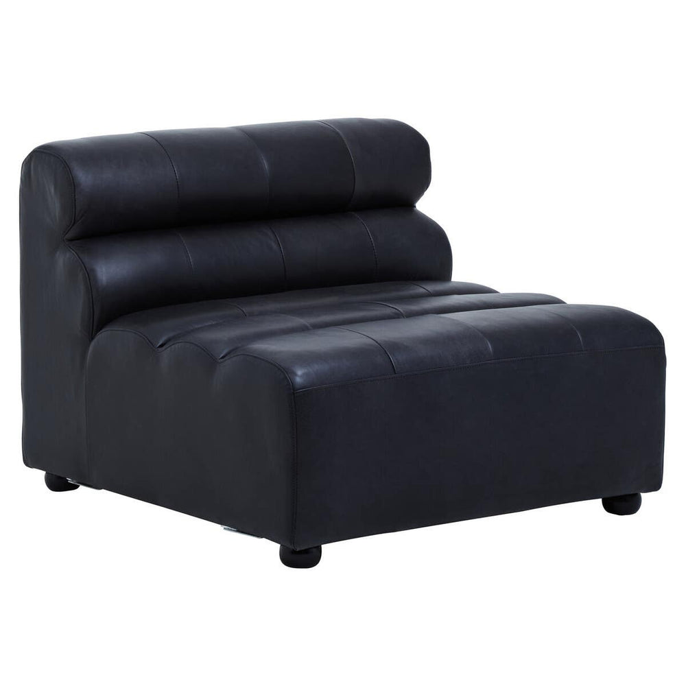 Armless modular sofa chair in antique black leather with a sleek, modern design, featuring two horizontal back cushions and a low profile. The chair rests on short, rounded legs, showcasing a minimalist aesthetic suitable for various home decor styles