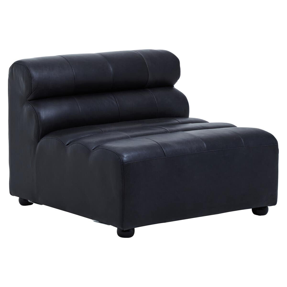 Armless modular sofa chair in antique black leather with a sleek, modern design, featuring two horizontal back cushions and a low profile. The chair rests on short, rounded legs, showcasing a minimalist aesthetic suitable for various home decor styles
