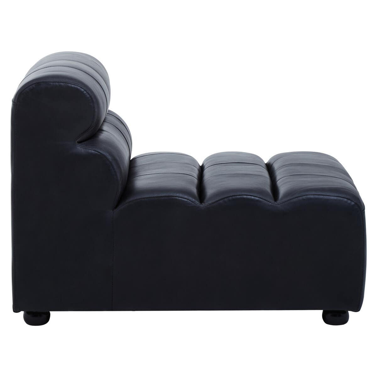 Armless modular sofa chair featuring an antique black leather upholstery, with a curved backrest and three horizontal seat cushions, resting on small round feet