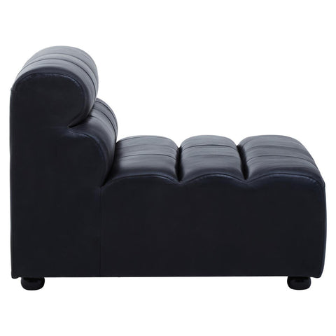 Armless modular sofa chair featuring an antique black leather upholstery, with a curved backrest and three horizontal seat cushions, resting on small round feet