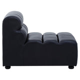 Armless modular sofa chair featuring an antique black leather upholstery, with a curved backrest and three horizontal seat cushions, resting on small round feet