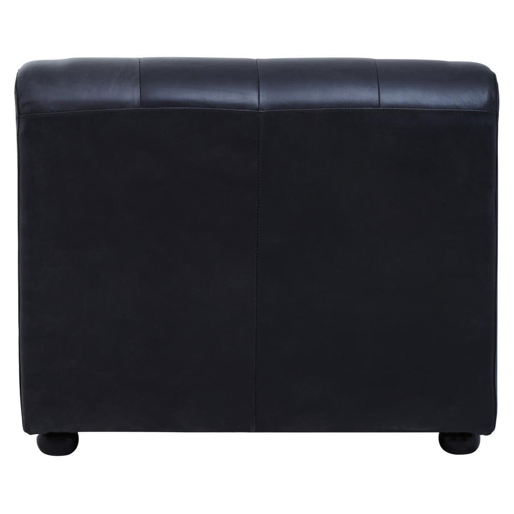 Armless modular sofa chair in antique black leather, featuring a smooth, sleek surface and rounded edges, supported by small, sturdy feet. The back view highlights the minimalist design and rich texture of the leather