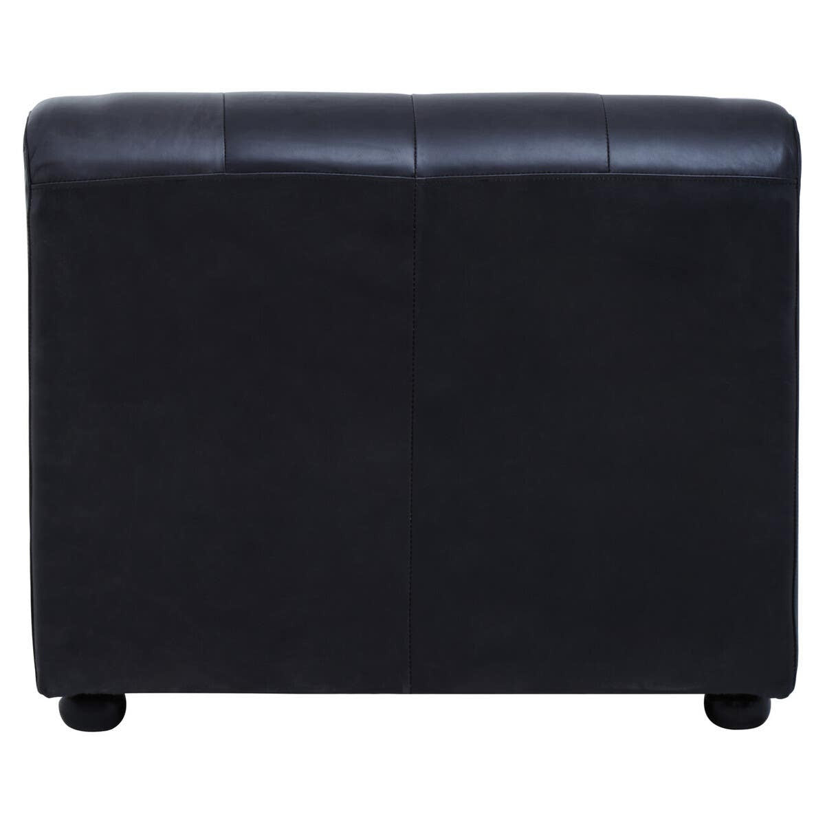Armless modular sofa chair in antique black leather, featuring a smooth, sleek surface and rounded edges, supported by small, sturdy feet. The back view highlights the minimalist design and rich texture of the leather