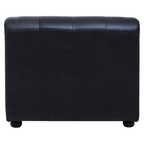 Armless modular sofa chair in antique black leather, featuring a smooth, sleek surface and rounded edges, supported by small, sturdy feet. The back view highlights the minimalist design and rich texture of the leather